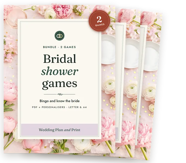 Bridal Shower Games bundle cover with the covers of its products stacked behind it