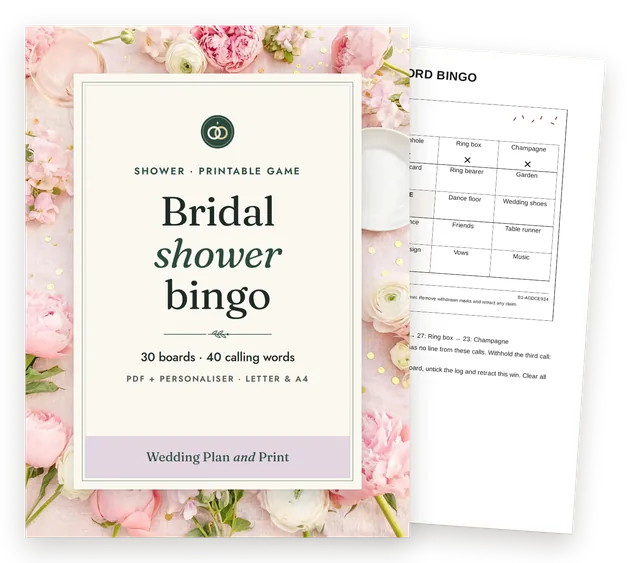Bridal shower bingo cover with a page of the fictional worked example behind it
