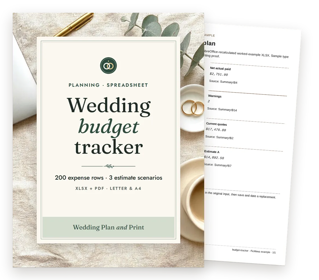 Wedding budget tracker cover with a page of the fictional worked example behind it