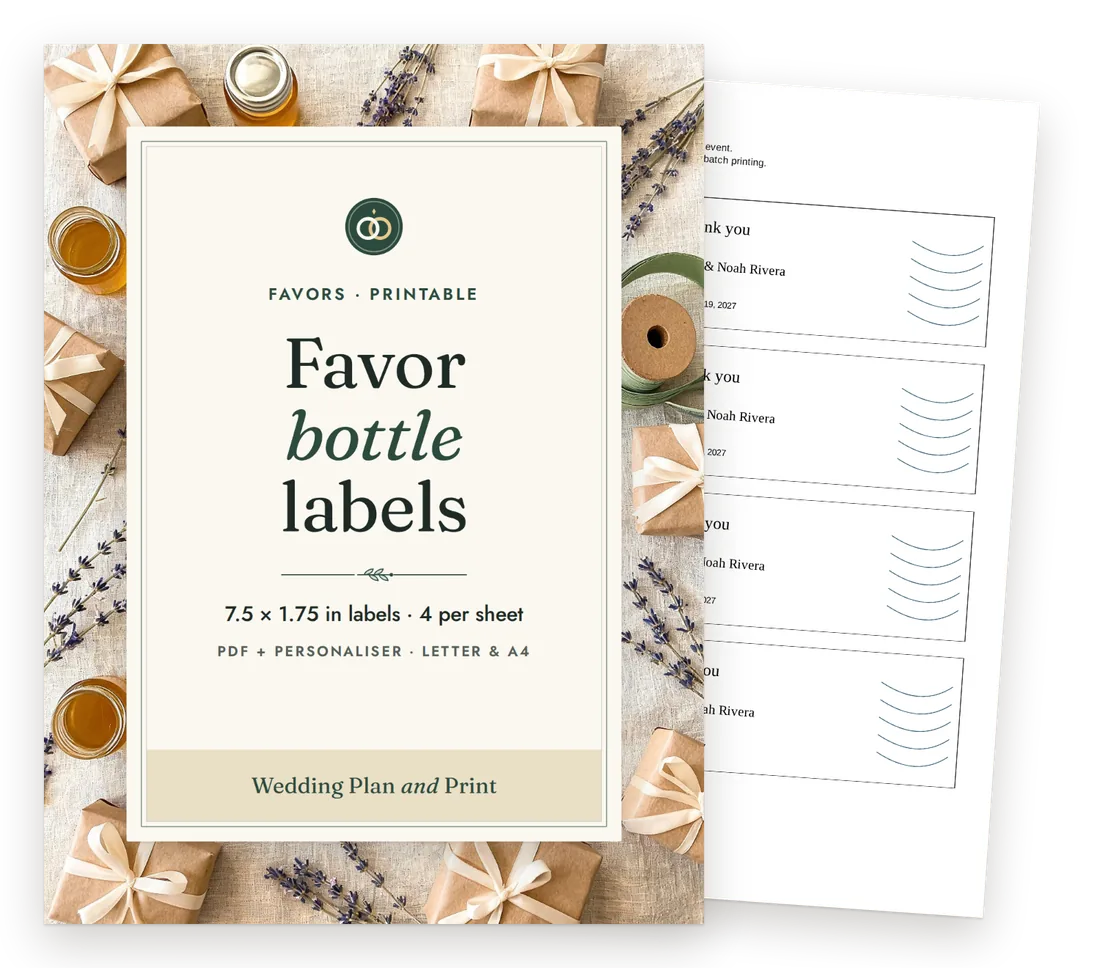 Favor bottle labels cover with a page of the fictional worked example behind it