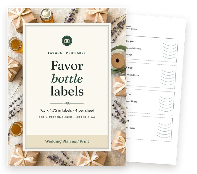 Favor bottle labels cover with a page of the fictional worked example behind it