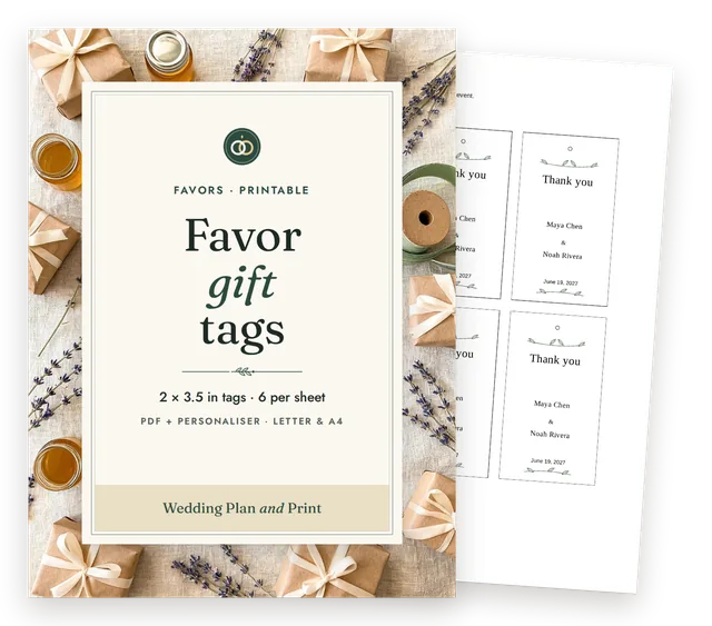 Favor gift tags cover with a page of the fictional worked example behind it
