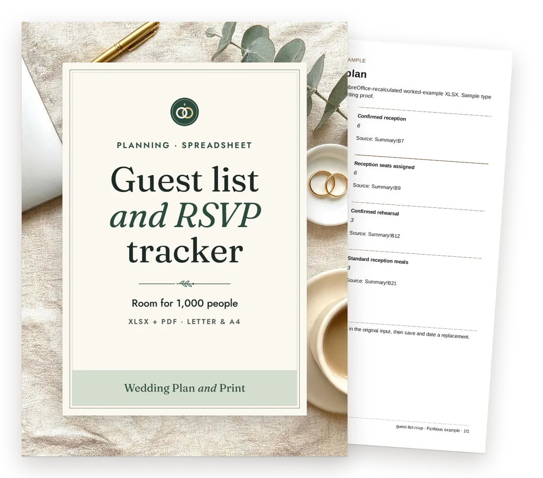 Guest list and RSVP tracker cover with a page of the fictional worked example behind it