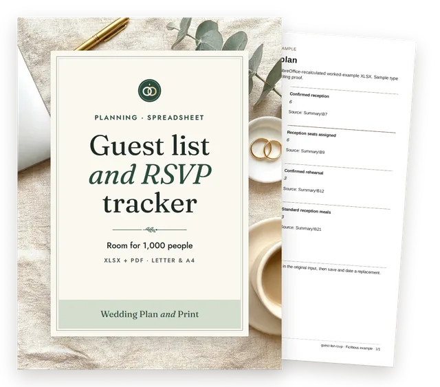 Guest list and RSVP tracker cover with a page of the fictional worked example behind it