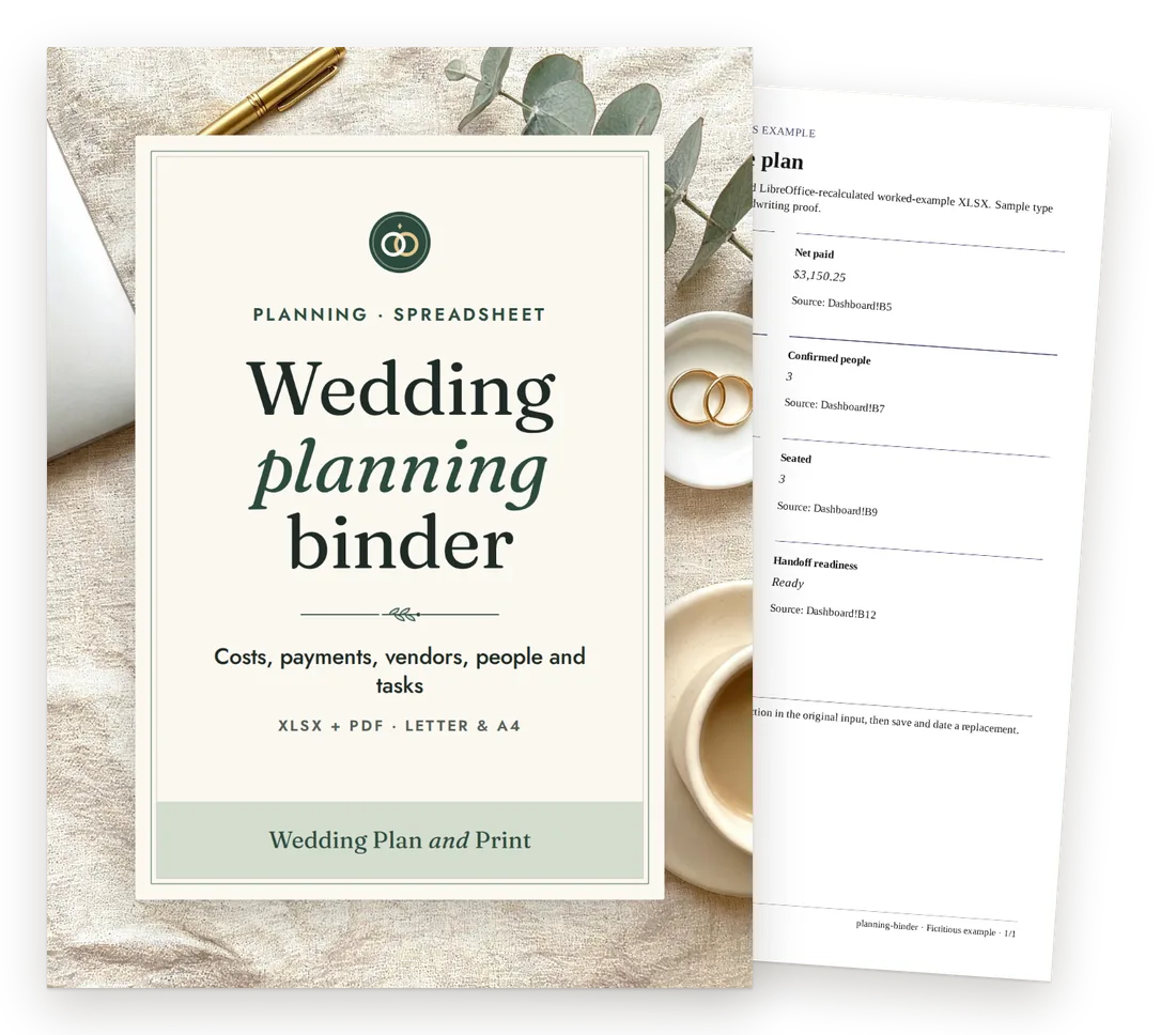 Wedding planning binder cover with a page of the fictional worked example behind it