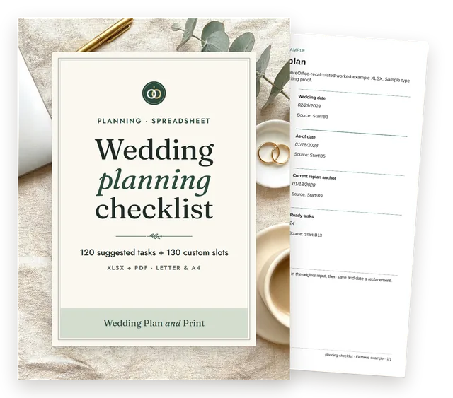 Wedding planning checklist cover with a page of the fictional worked example behind it