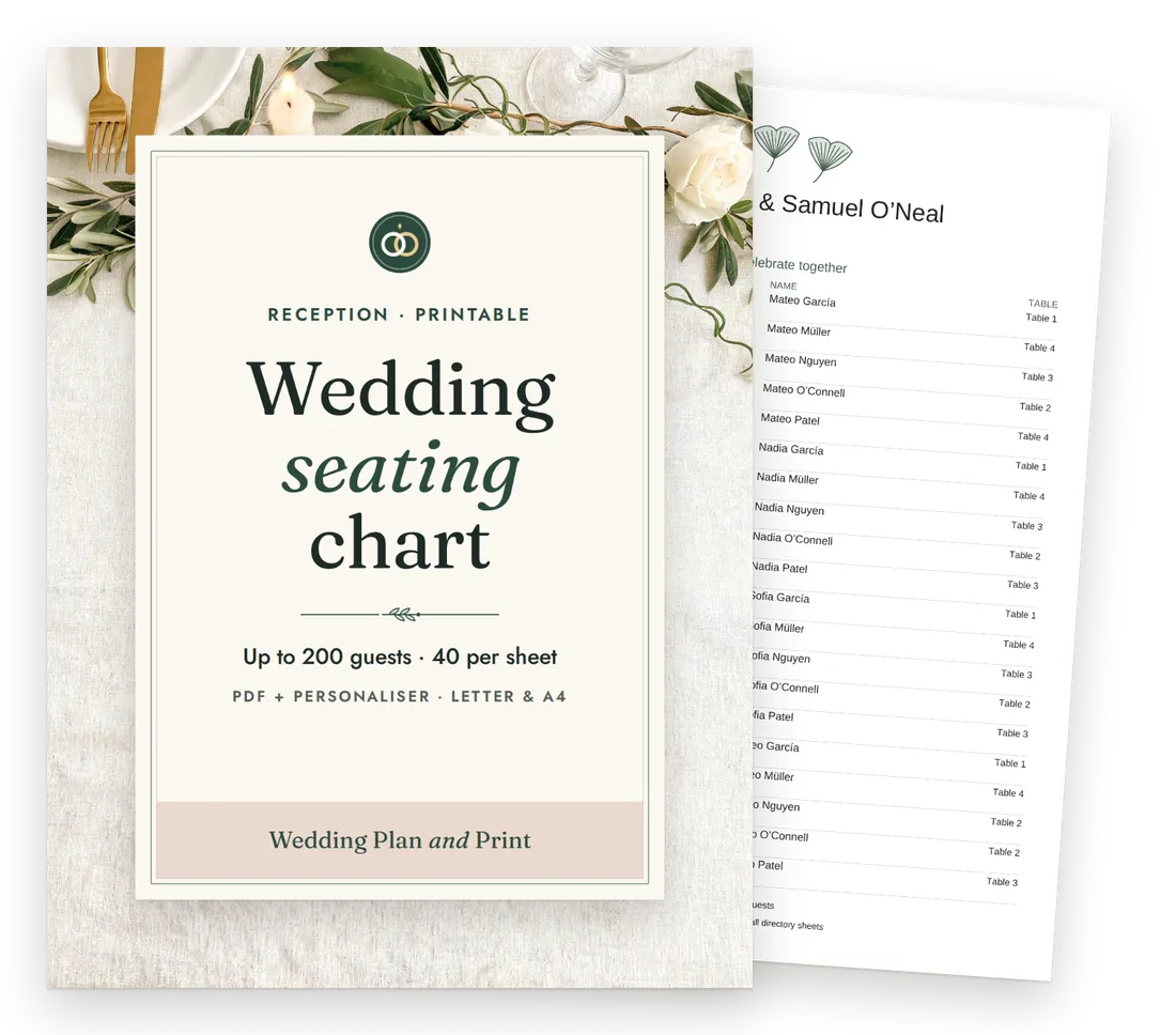 Seating chart cover with a page of the fictional worked example behind it