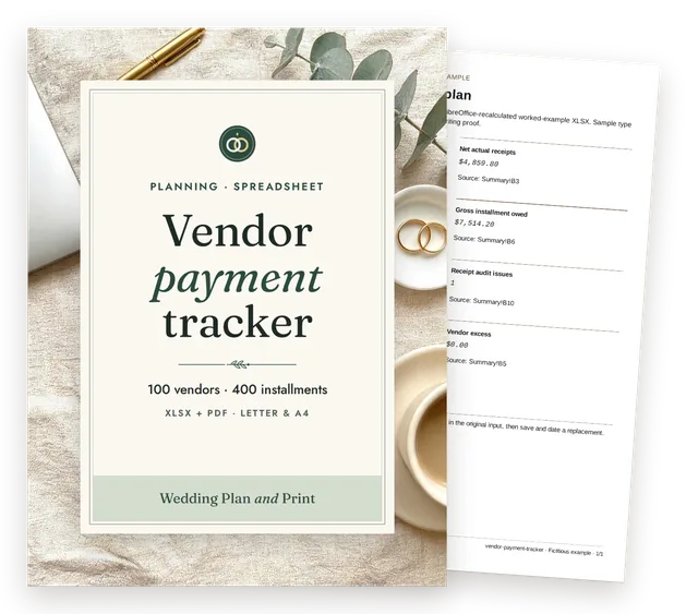 Vendor payment tracker cover with a page of the fictional worked example behind it