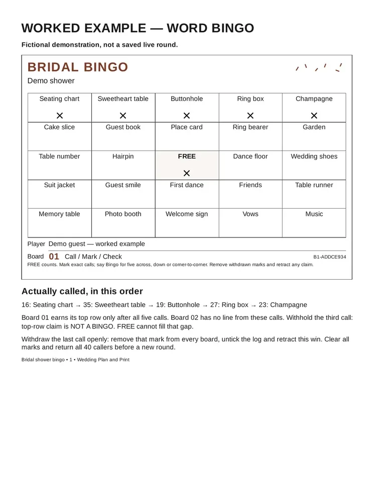 Bridal shower bingo: fictional worked example page