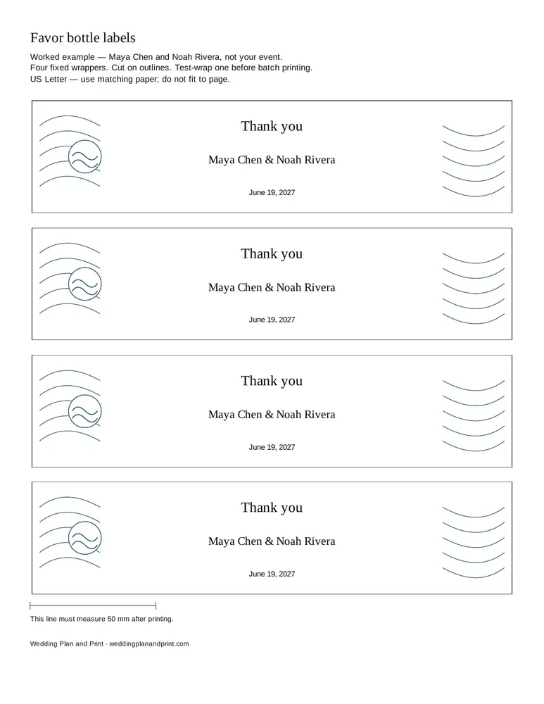 Favor bottle labels: Filled sample sheet (fictional names)