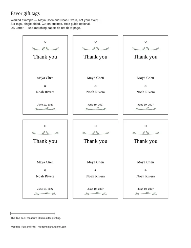 Favor gift tags: fictional worked example page