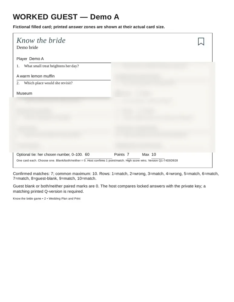 Know the bride game: fictional worked example page