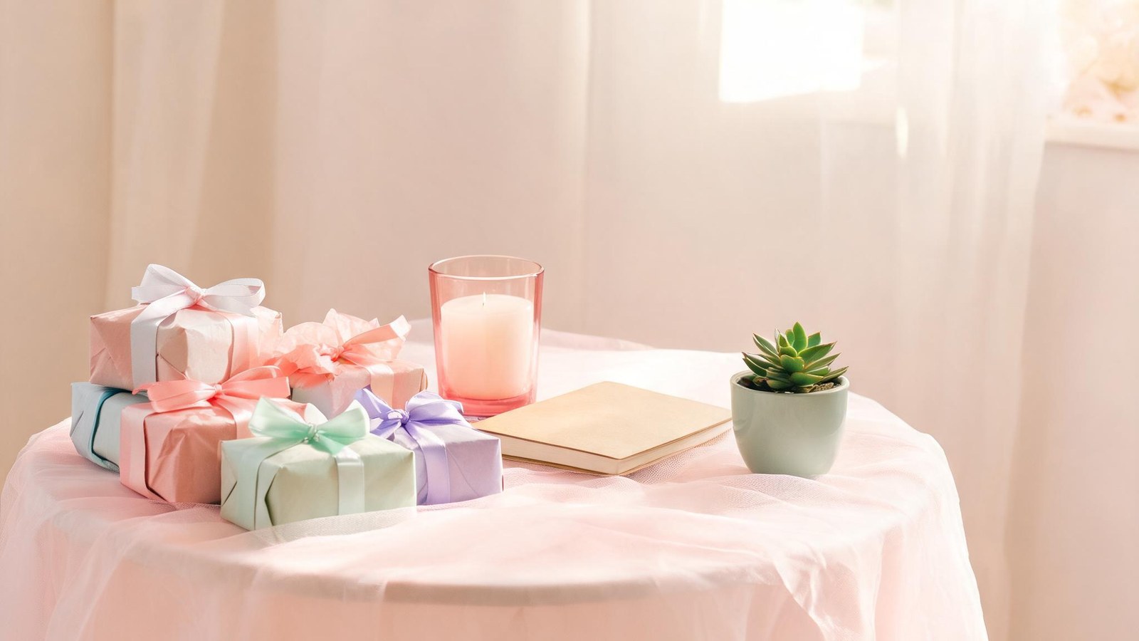 Small wrapped favors, a candle, a blank notebook, and a succulent on a pale table. Illustrative image, no text.