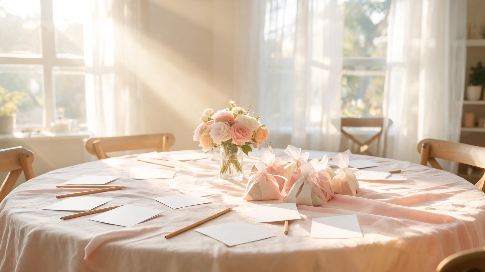 A sunlit round table with blank cards, pencils, a pale bouquet, and small wrapped favors. Illustrative image, no text.