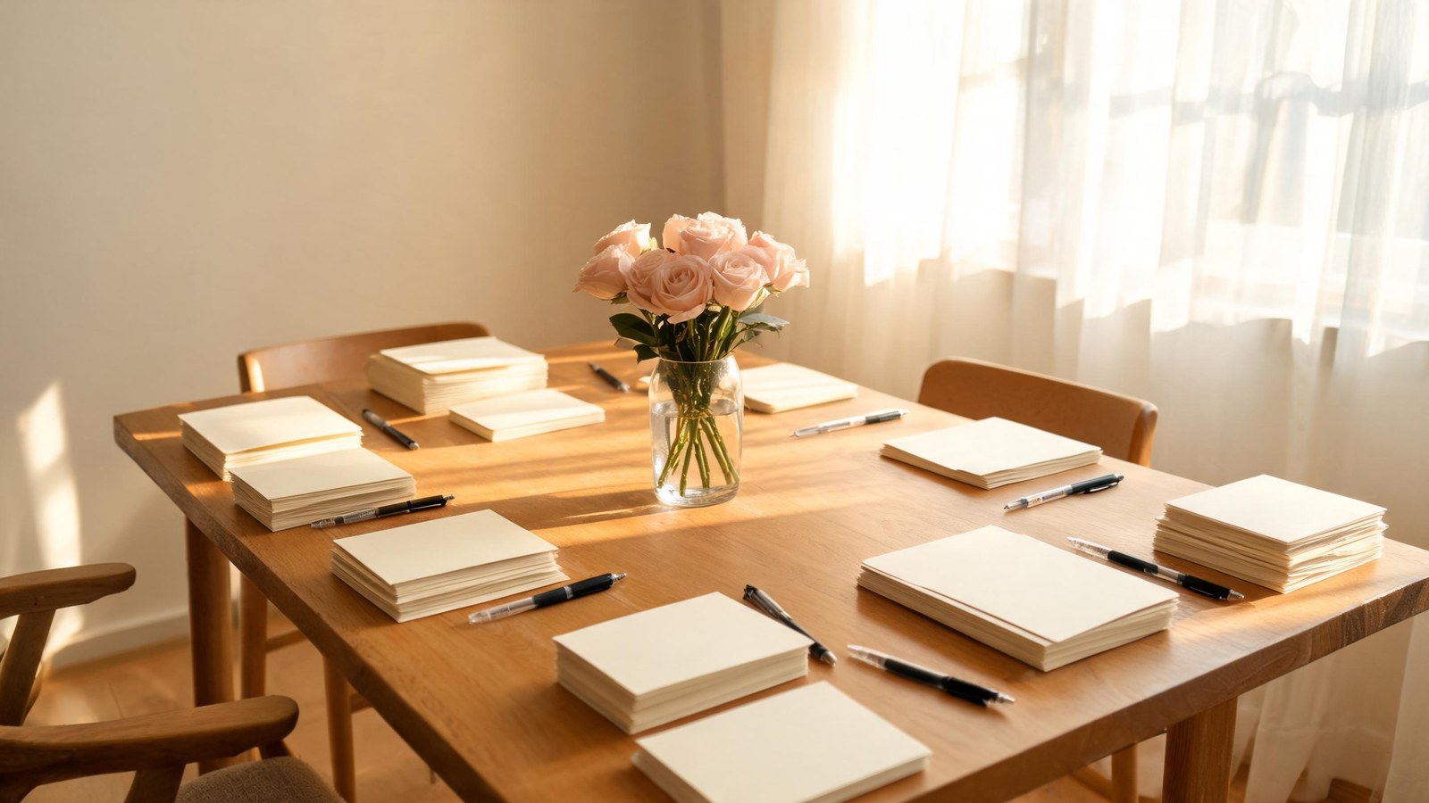 Blank cream cards and pens arranged around a vase of pale roses on a wooden table. Illustrative image, no text.