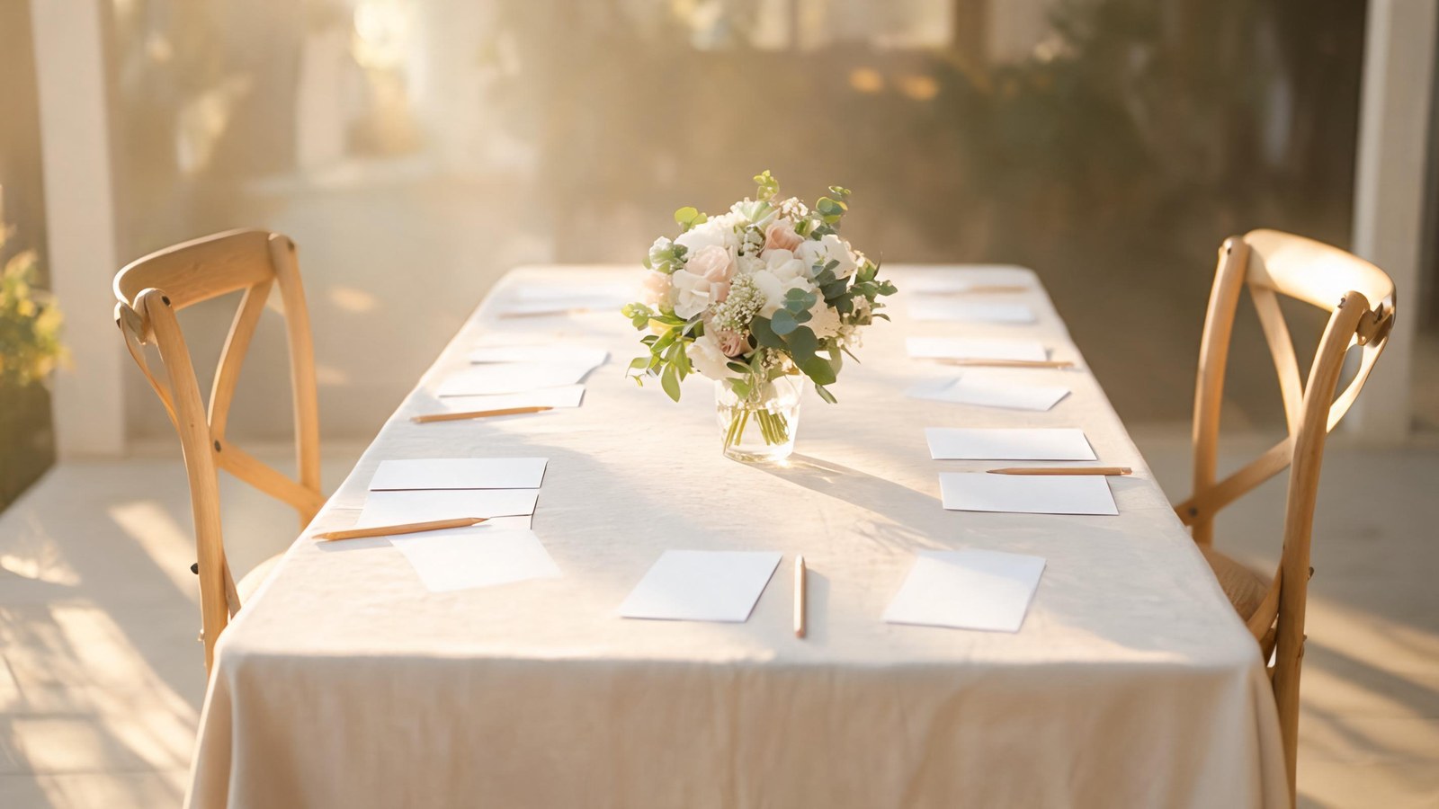 A long linen table set with two empty wooden chairs, blank cards, pencils, and a shared bouquet. Illustrative image, no text.
