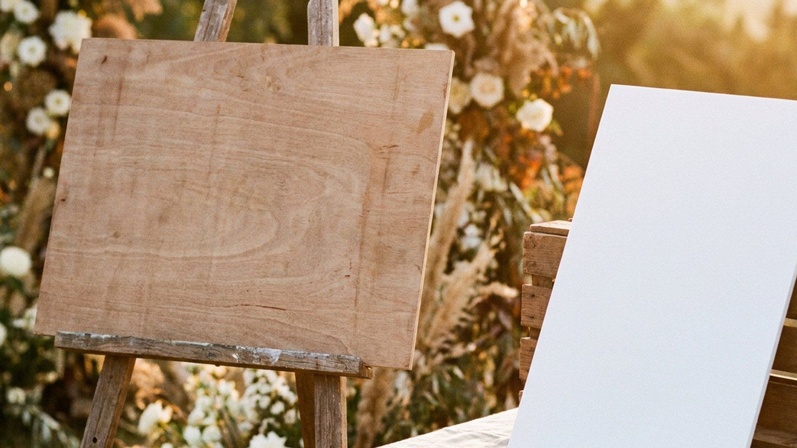 A blank wooden board on an easel beside a blank white board, with flowers behind them at an outdoor wedding entrance. Illustrative image, no text.