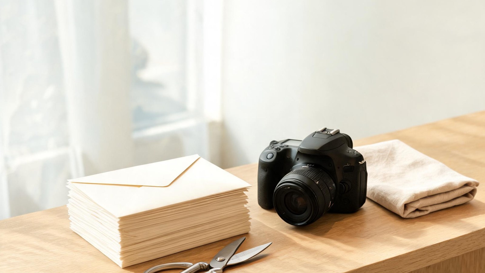 A stack of blank cream envelopes, florist shears, a camera, and a folded linen napkin on a wooden counter. Illustrative image, no text.