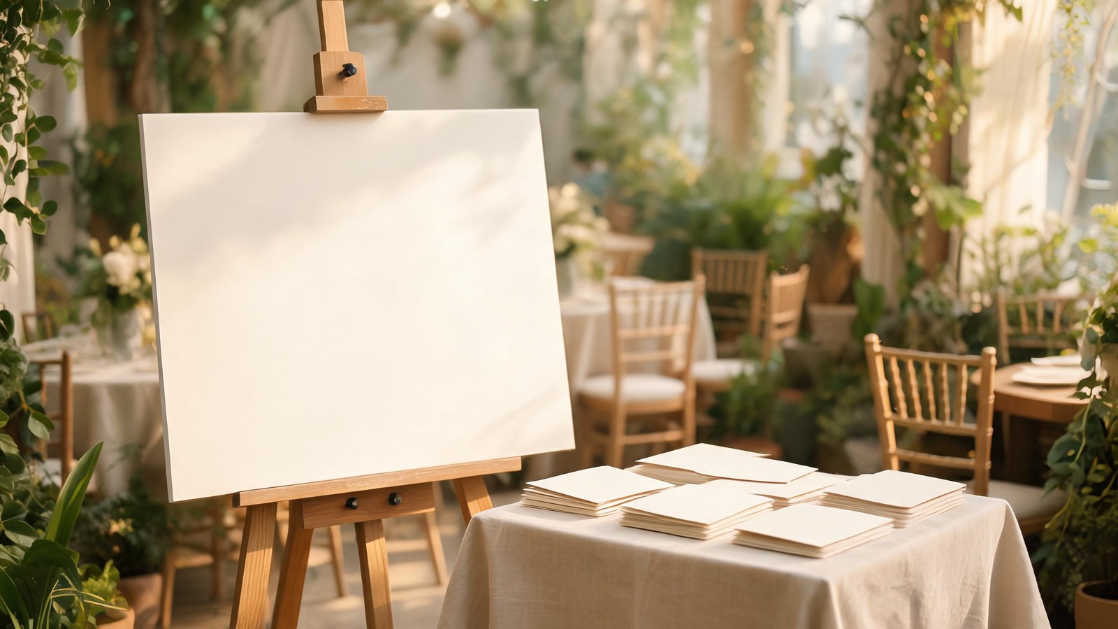 An easel holding a blank cream board beside stacks of blank cards at a reception entrance. Illustrative image, no text.