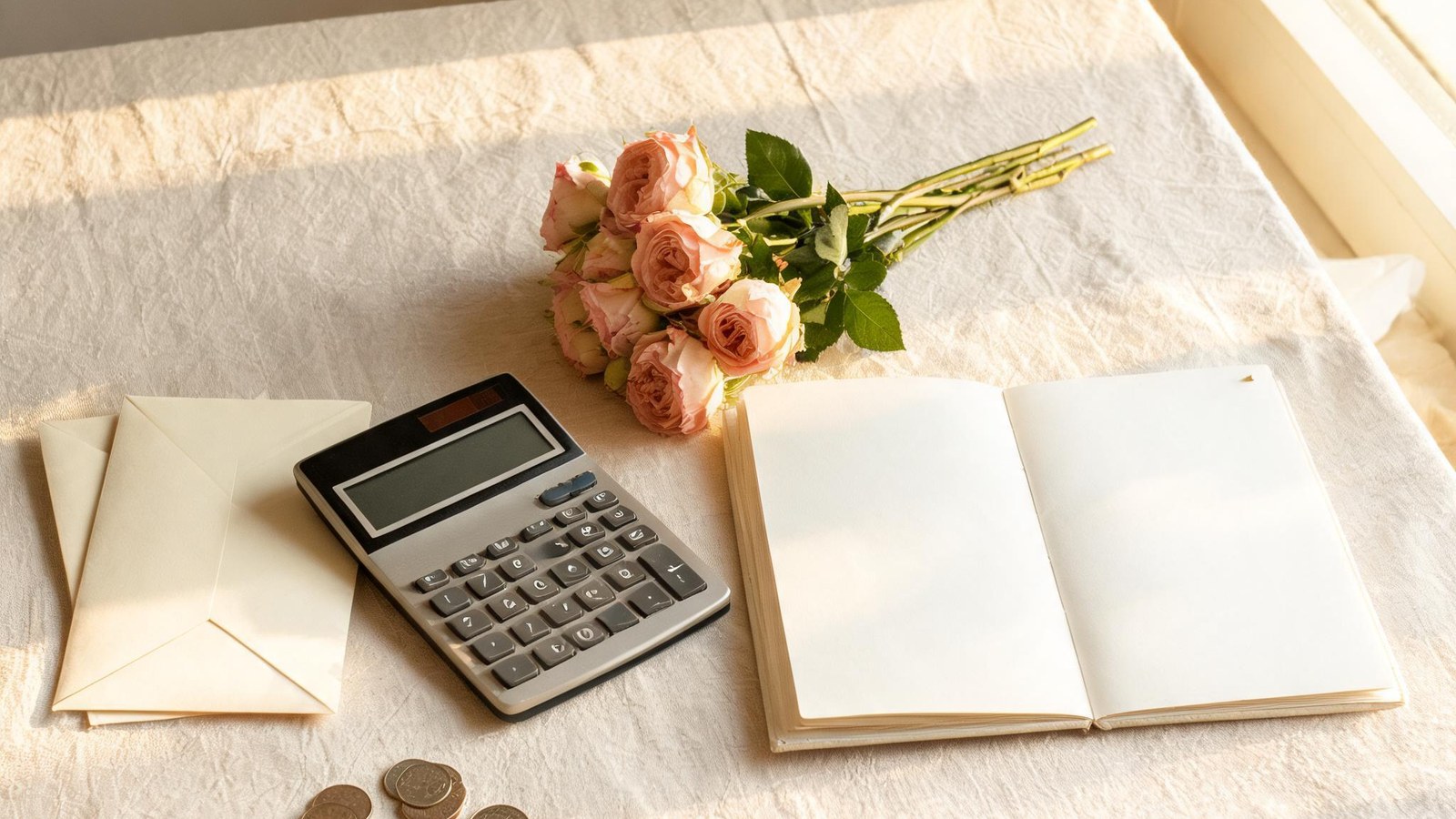 Blank envelopes, a calculator with a dark screen, coins, pink roses, and an open blank notebook on a linen table. Illustrative image, no text.