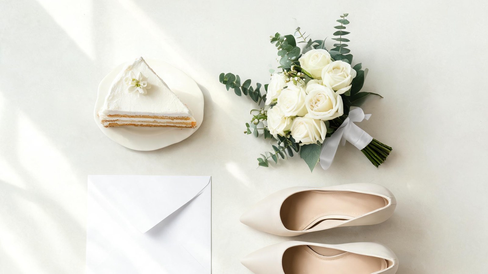 A cake slice, white roses, a blank envelope, and cream heels arranged on a pale table in window light. Illustrative image, no text.