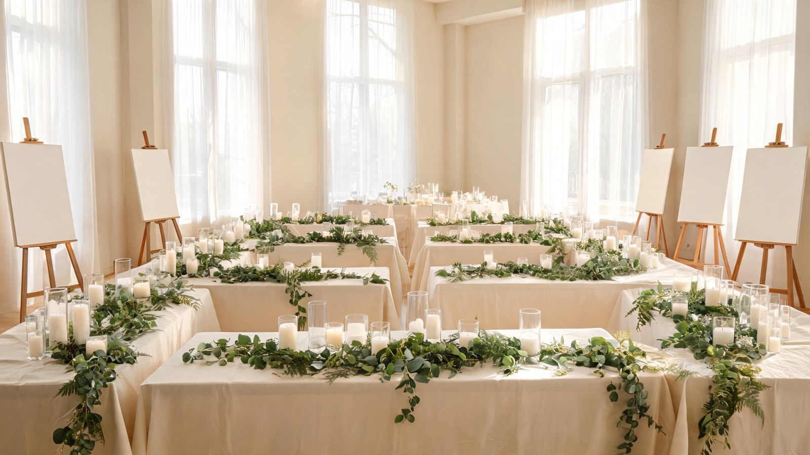 A bright reception room with long linen tables, greenery runners, glass candle holders, and blank boards on easels. Illustrative image, no text.