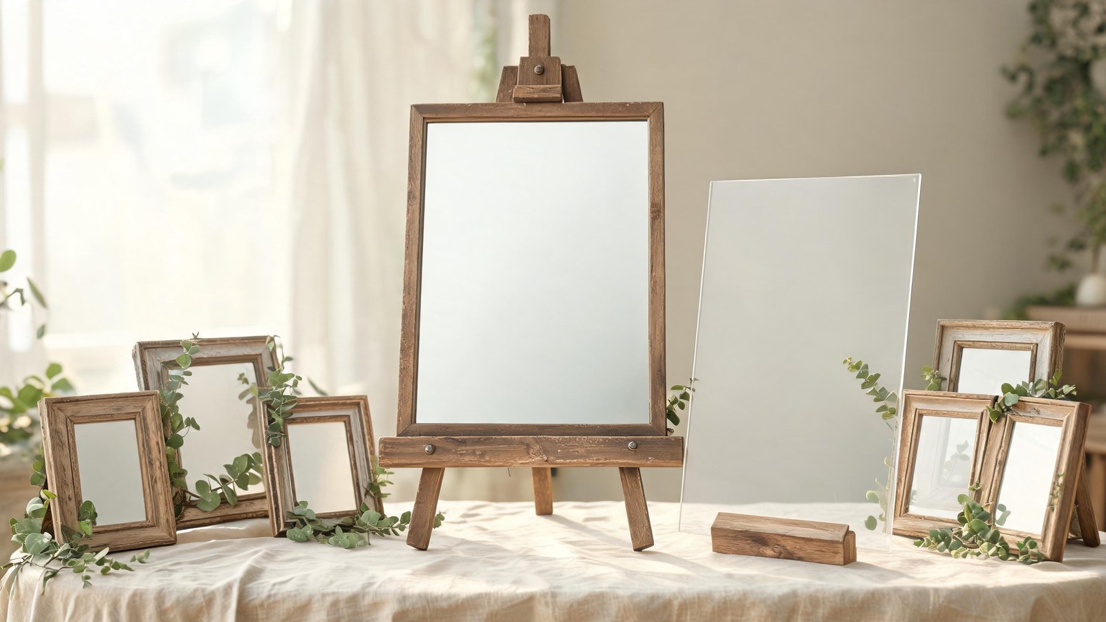 A blank mirror on a wooden easel, an unlettered acrylic panel, and empty frames with greenery on a linen table. Illustrative image, no text.