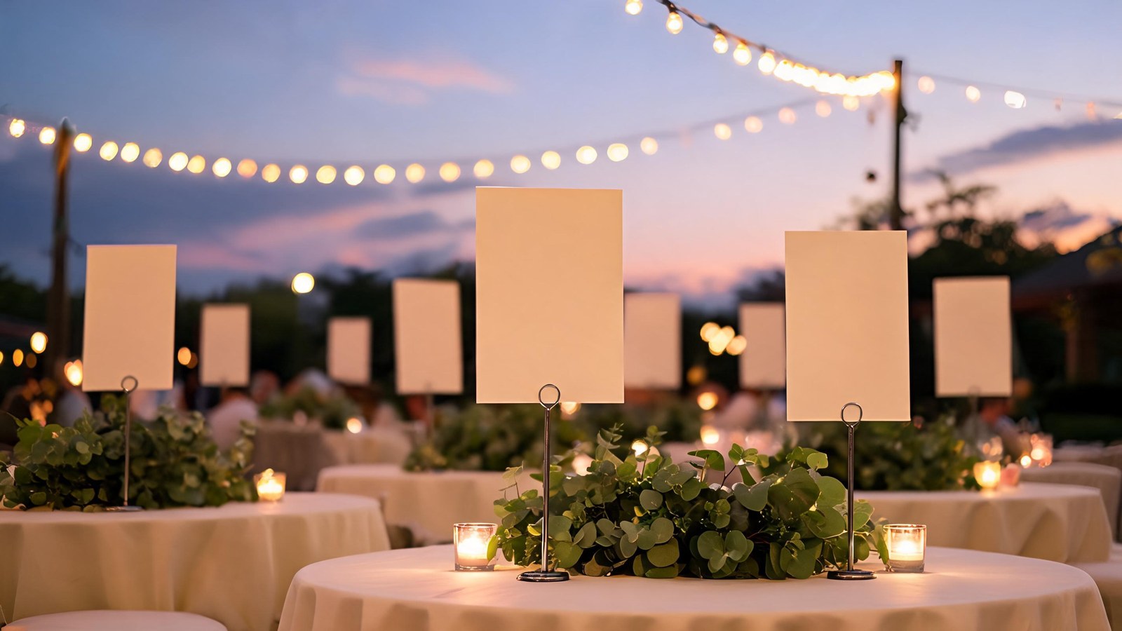 Round reception tables at dusk with tall blank cards on metal stands above greenery and small candles. Illustrative image, no text.