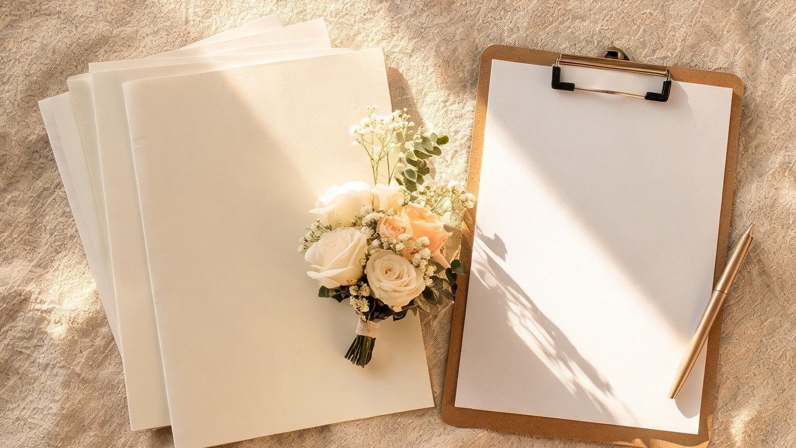 Blank folders, a clipboard, a pen, and a small rose bouquet on linen. Illustrative image, no text.