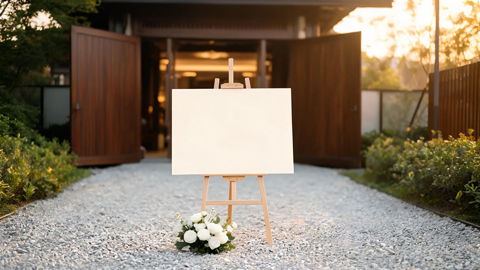 A blank cream board on a wooden easel at a gravel path, white flowers at the base, open wooden doors behind. Illustrative image, no text.