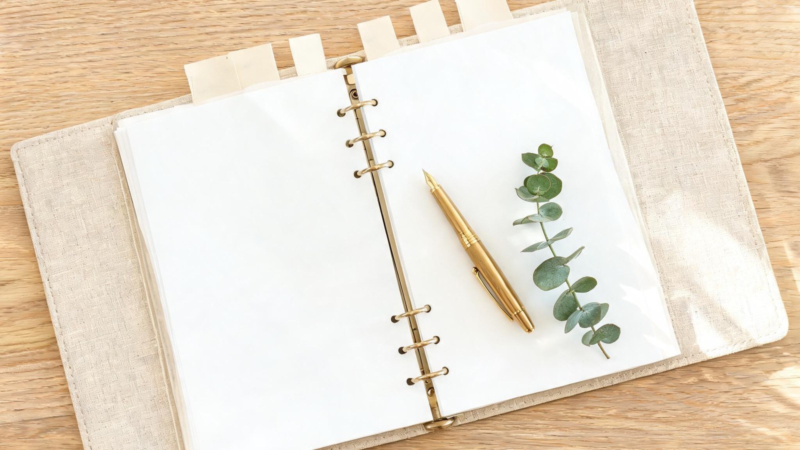 Open linen binder with blank pages, a brass pen, and a eucalyptus sprig on a wood table. Illustrative image, no text.