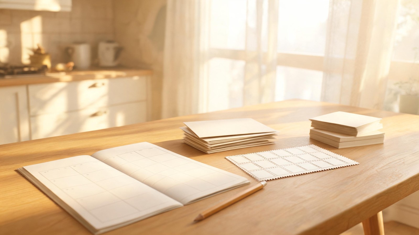 A kitchen table with a blank calendar, cream envelopes, a pencil, and a sheet of stamps in morning light. Illustrative image, no text.