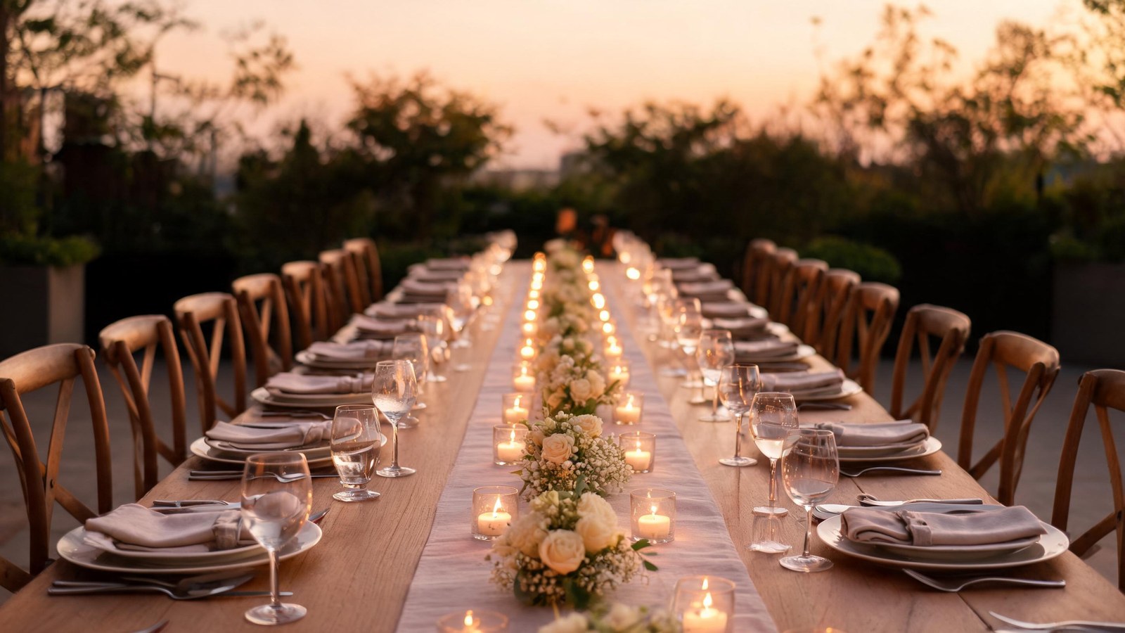 A long outdoor dinner table set for two families, with candles, white flowers, and empty chairs at dusk. Illustrative image, no text.