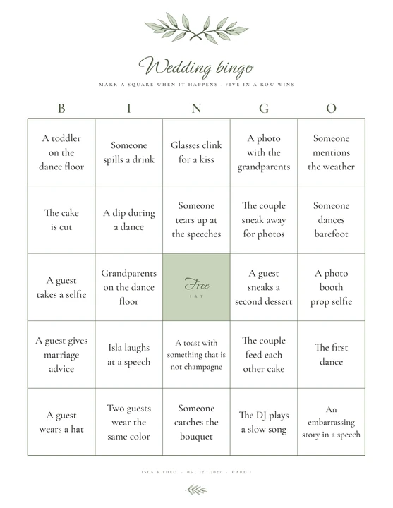 Reception bingo card