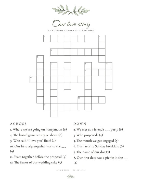 Couple crossword puzzle sheet