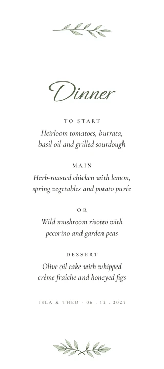 Dinner Menu in the Olive Grove design