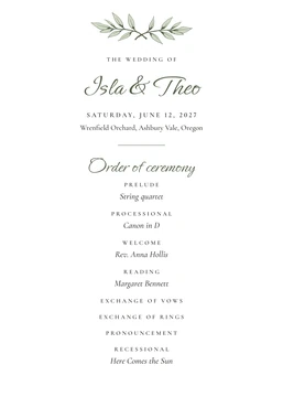 Ceremony Program, Olive Grove