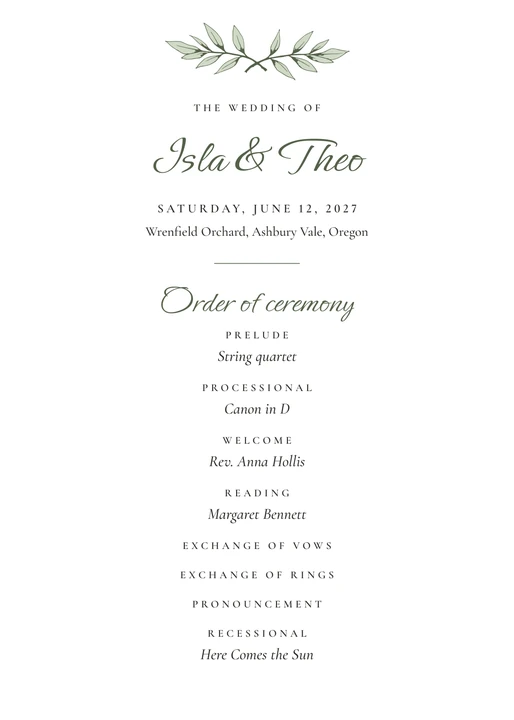 Ceremony Program in the Olive Grove design