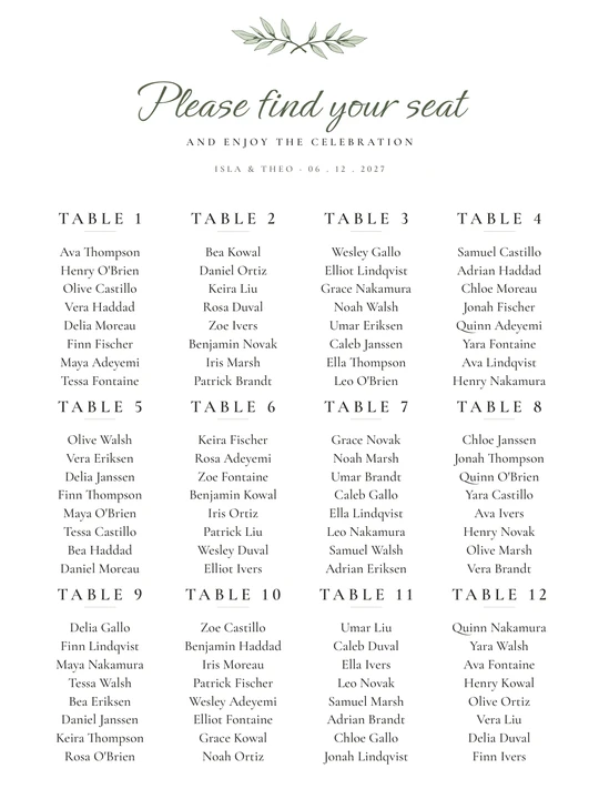 Seating Chart in the Olive Grove design