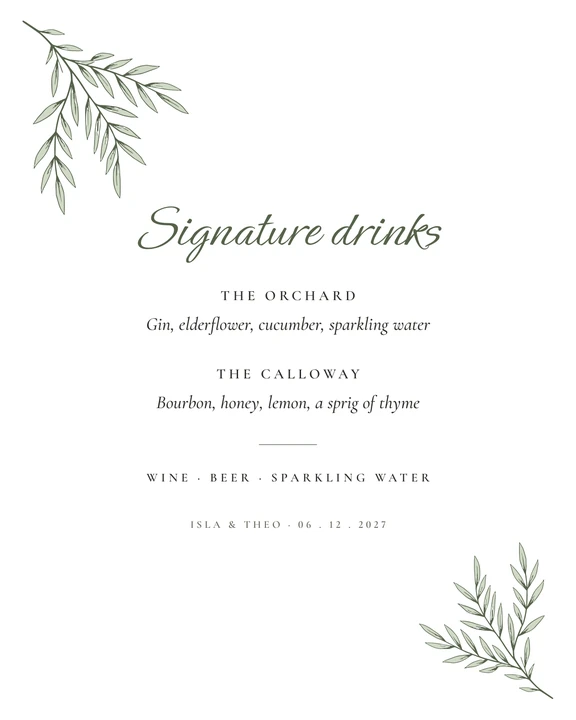 Signs Pack (10 signs): signature drinks sign in the Olive Grove design