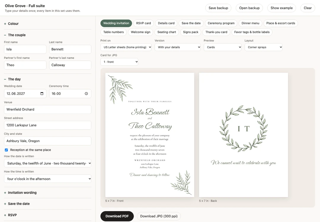 The personalizer in Google Chrome: the couple’s details on the left, the invitation front and back on the right, with Download PDF and Download JPG buttons