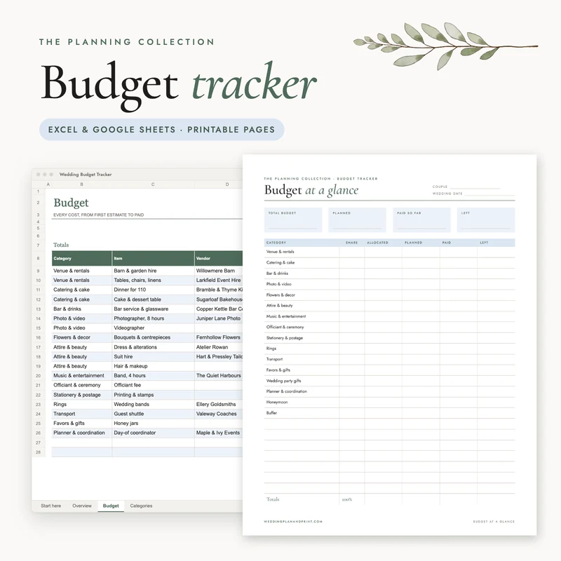 Wedding Budget Tracker: the spreadsheet and a printable page
