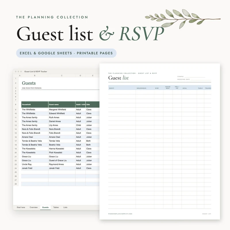 Wedding Guest List & RSVP Tracker: the spreadsheet and a printable page