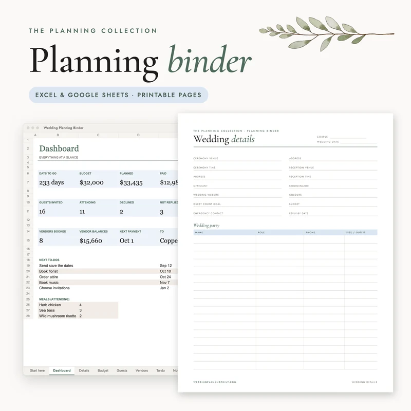 Wedding Planner Workbook: the spreadsheet and a printable page