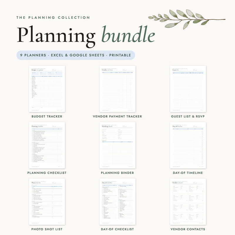 The nine planners of the planning bundle: budget tracker, vendor payment tracker, guest list and RSVP, planning checklist, planner workbook, day-of timeline, photo shot list, day-of checklist, vendor contacts