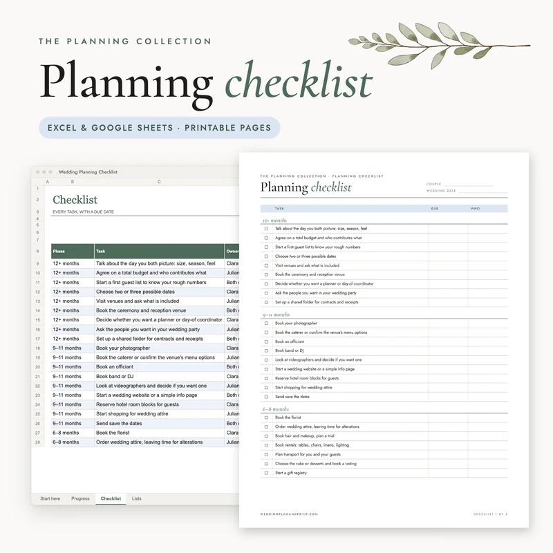 Wedding Planning Checklist: the spreadsheet and a printable page