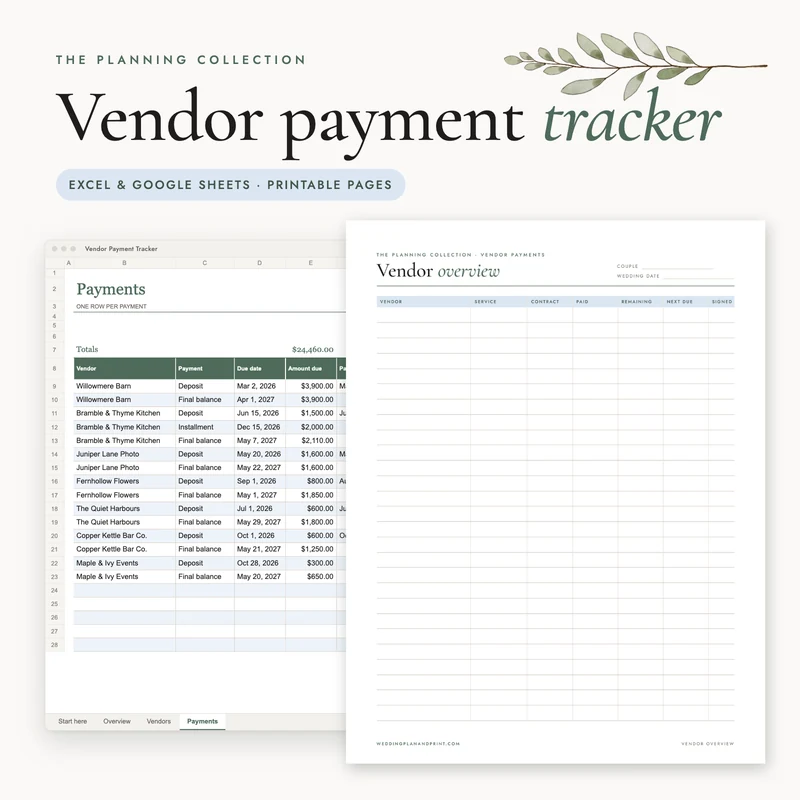 Wedding Vendor Payment Tracker: the spreadsheet and a printable page