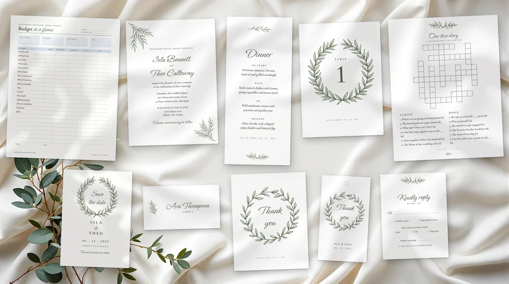The Complete Wedding laid out: invitation, menu, table number, save the date, place card, thank-you card, favor tag and RSVP card, with a budget page and a crossword