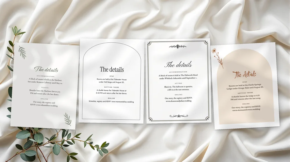 The details card in all four designs: Olive Grove, Meridian, Copperplate and Wild Pampas
