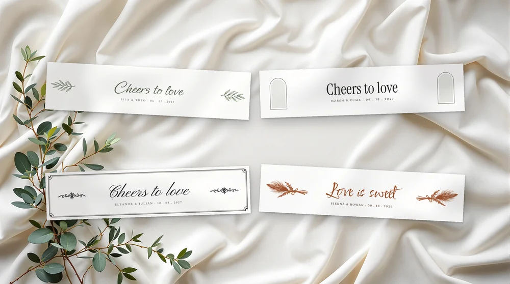 The favor tags & bottle labels in all four designs: Olive Grove, Meridian, Copperplate and Wild Pampas